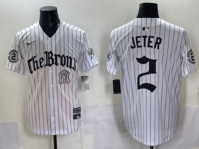 Men 2025 New York Yankees 2 Jeter White Stripe Five generations Joint Name Nike MLB Jersey style 011